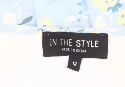 In The Style Women’s Blue Floral Skater Dress Size 12 V-Neck