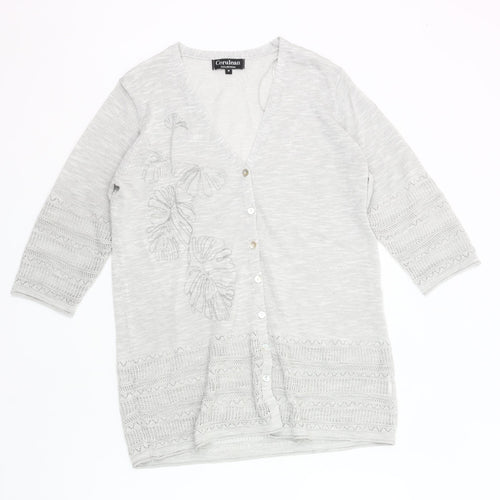 Cerulean Womens Grey Cardigan M 3/4 Sleeve V-Neck Embroidered Knit