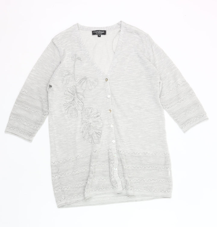 Cerulean Womens Grey Cardigan M 3/4 Sleeve V-Neck Embroidered Knit