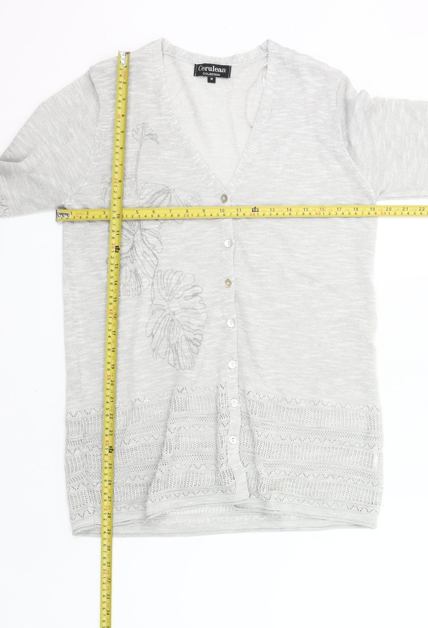 Cerulean Womens Grey Cardigan M 3/4 Sleeve V-Neck Embroidered Knit
