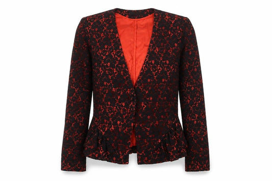 Front view of Collection London Women Black Red Lace Suit Jacket, size 12, Formal