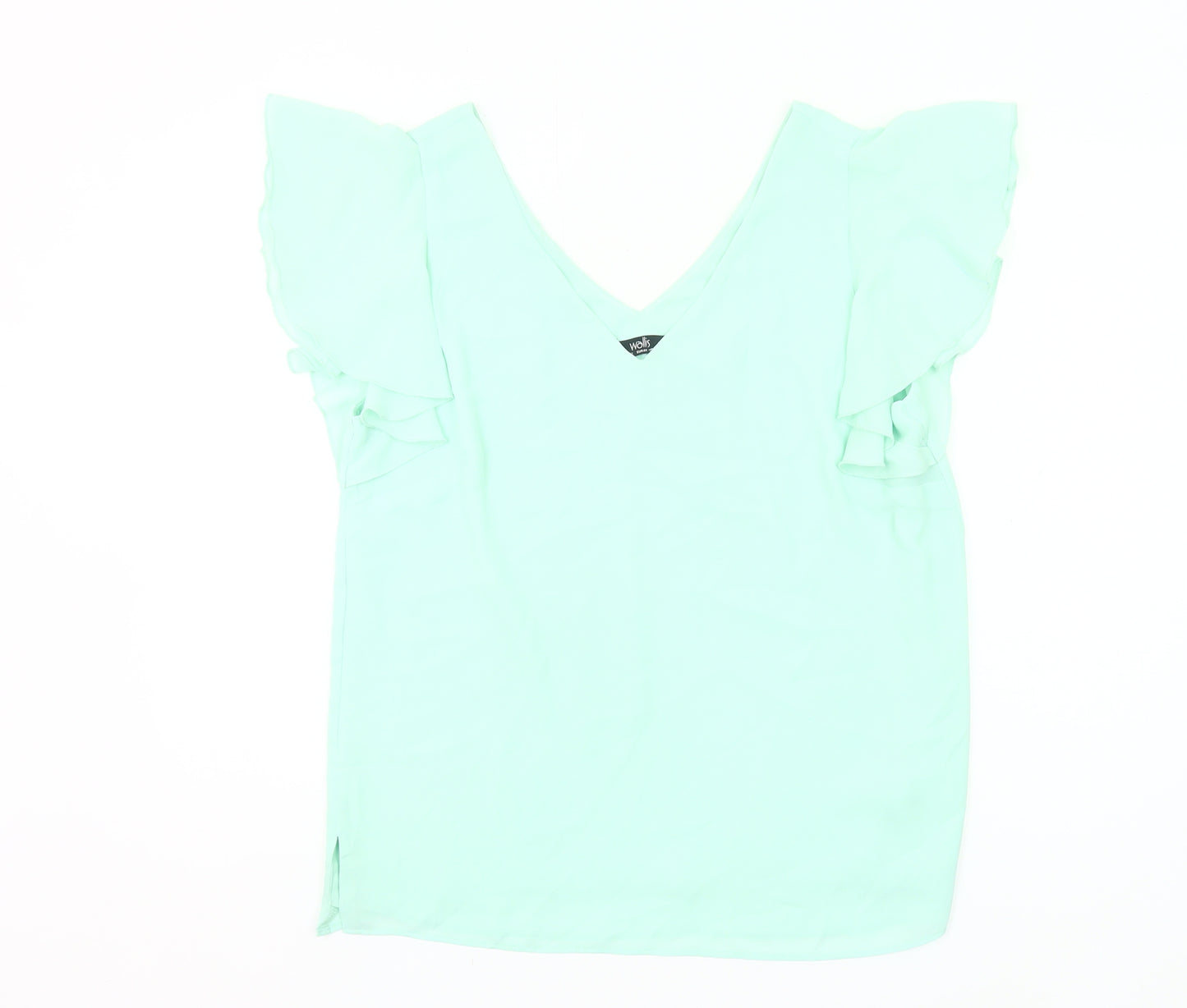 Wallis Womens Green Size 12 V-Neck Ruffle Flutter Sleeve Blouse