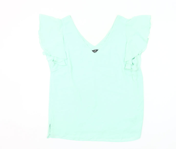 Wallis Womens Green Size 12 V-Neck Ruffle Flutter Sleeve Blouse