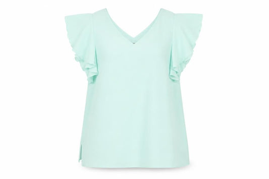 Front view of Wallis women’s green, size UK 12, v-neck ruffle flutter sleeve blouse