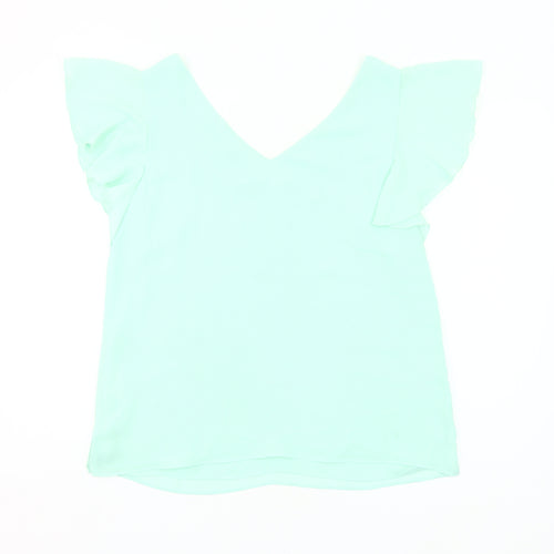 Wallis Womens Green Size 12 V-Neck Ruffle Flutter Sleeve Blouse