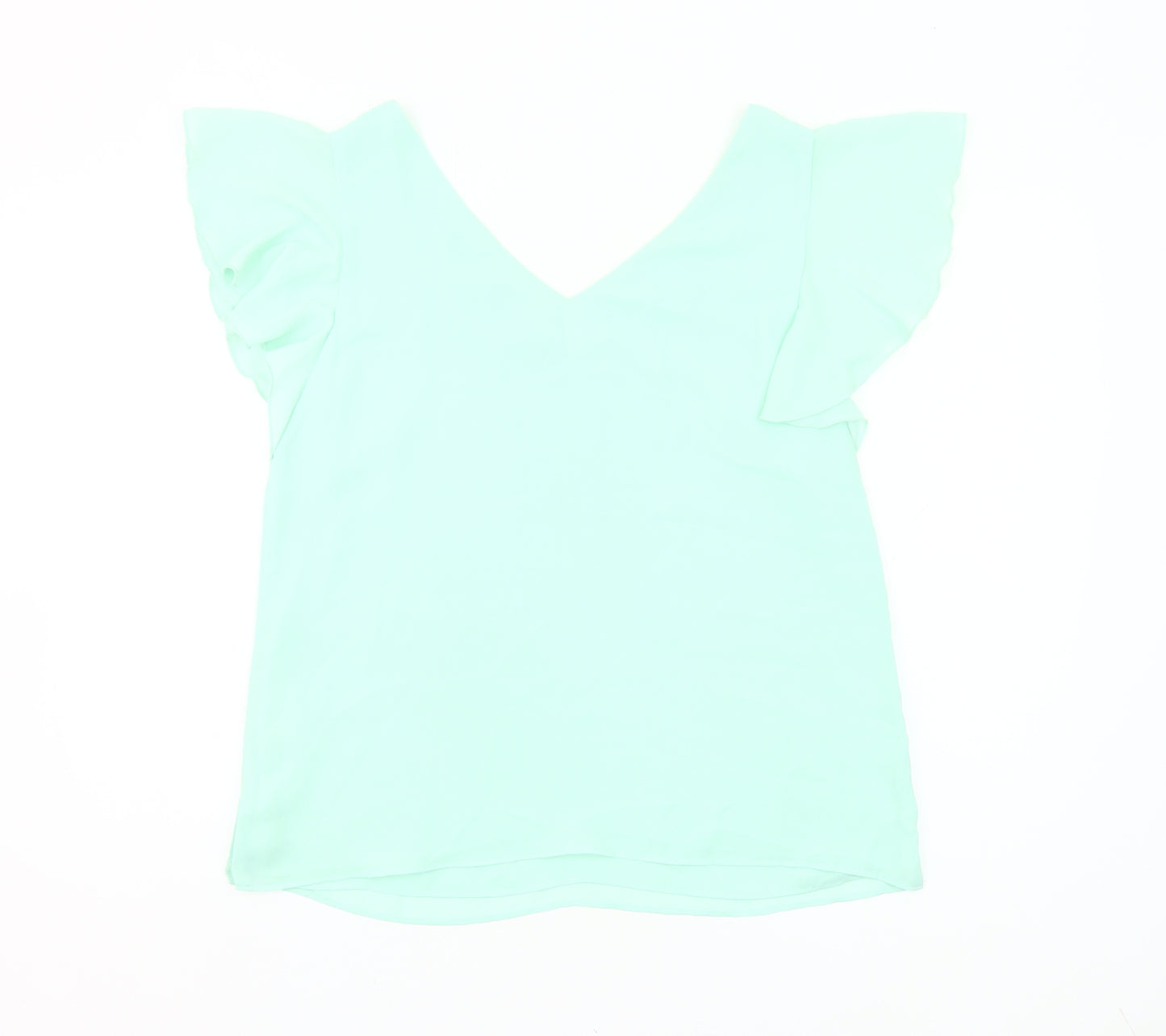 Wallis Womens Green Size 12 V-Neck Ruffle Flutter Sleeve Blouse