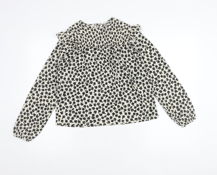 MNG Girls Black White Floral Ruffle Long Sleeve Blouse 11-12Y