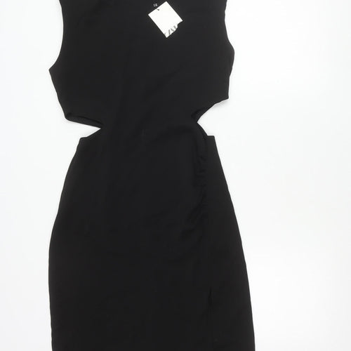 Zara Women Black Short Sleeve Sheath Knee Length Dress S