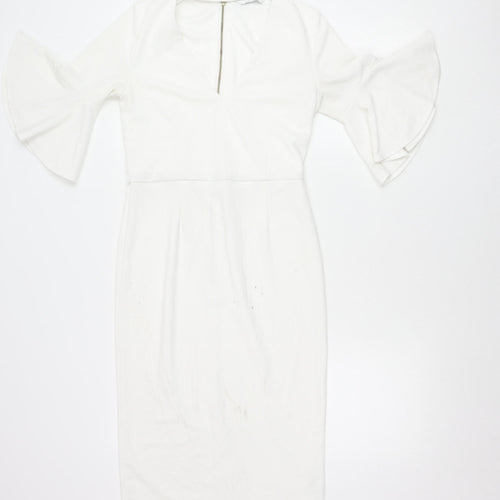 Michelle Keegan Women’s White Size 8 Sheath V-Neck Flared Sleeve Dress
