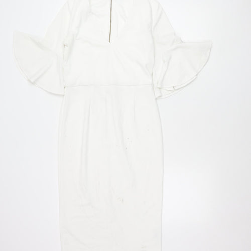 Michelle Keegan Women’s White Size 8 Sheath V-Neck Flared Sleeve Dress