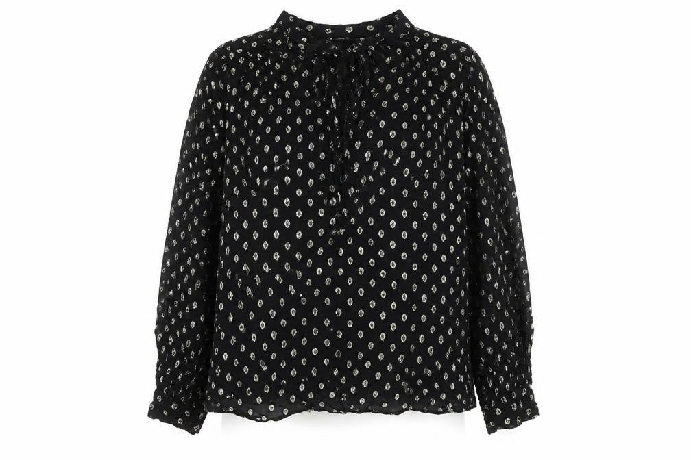 Front view of Marks & Spencer Per Una women’s black metallic spot blouse, size UK 14