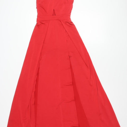 Lipsy Women Red Maxi Evening Dress Size 6 V-Neck Ruched Formal