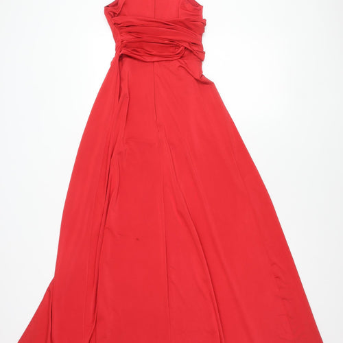 Lipsy Women Red Maxi Evening Dress Size 6 V-Neck Ruched Formal
