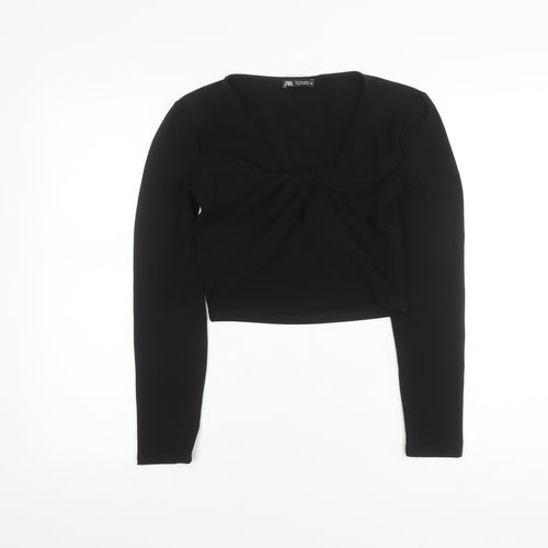 Zara Women’s Black Cropped Long Sleeve Bow Blouse Size S