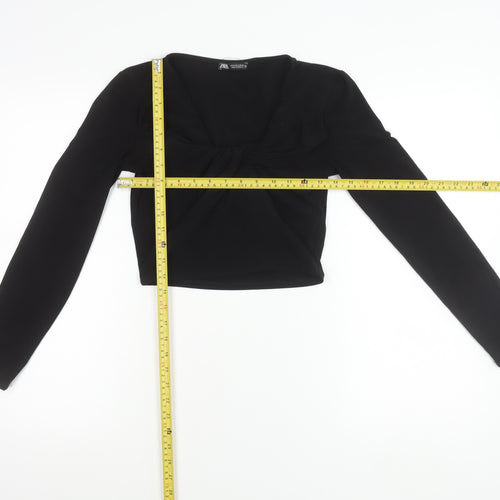 Zara Women’s Black Cropped Long Sleeve Bow Blouse Size S