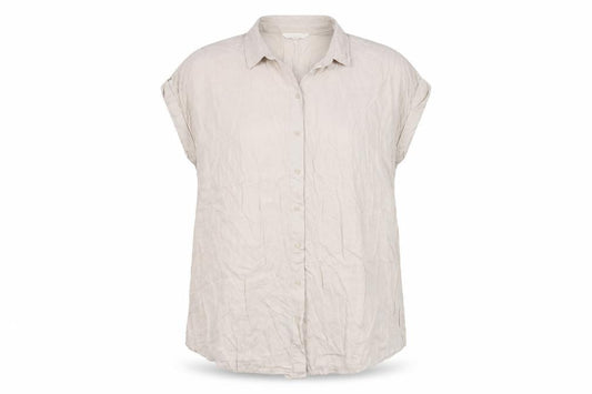 Front view of H&M Mama women’s beige button-up shirt, size UK 16, short sleeve viscose