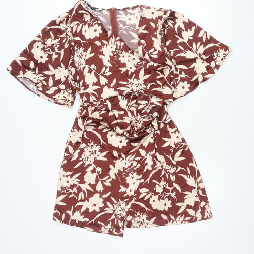 Zara Women Brown Beige Floral Bodycon Short Dress Size 12