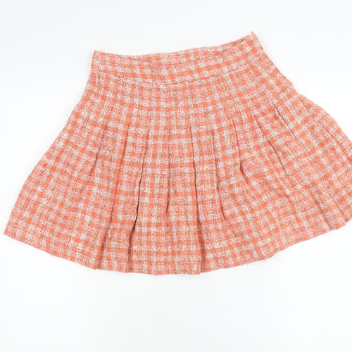 Zara Women Orange XS Pleated Tweed Check Short Skirt