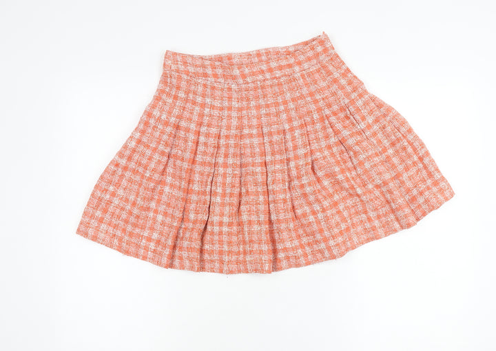 Zara Women Orange XS Pleated Tweed Check Short Skirt