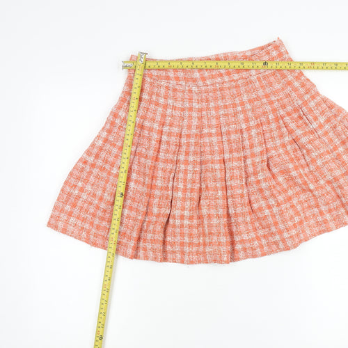 Zara Women Orange XS Pleated Tweed Check Short Skirt