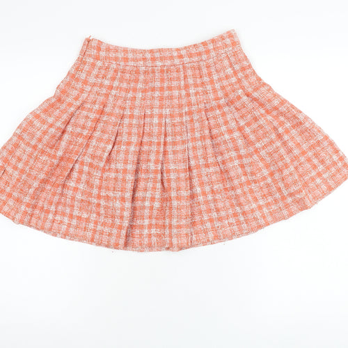 Zara Women Orange XS Pleated Tweed Check Short Skirt