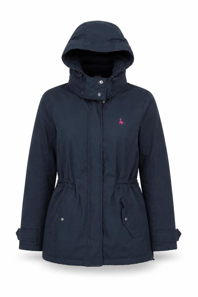 Front view of Jack Wills women’s blue parka jacket, size UK 8, hooded cotton blend