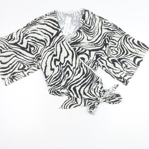 Topshop Women’s Black Animal Print Wrap Cotton Kimono Sleeve Blouse UK 10