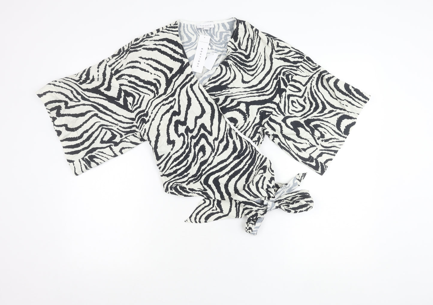Topshop Women’s Black Animal Print Wrap Cotton Kimono Sleeve Blouse UK 10