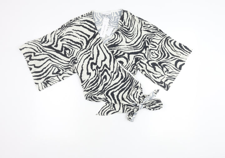 Topshop Women’s Black Animal Print Wrap Cotton Kimono Sleeve Blouse UK 10