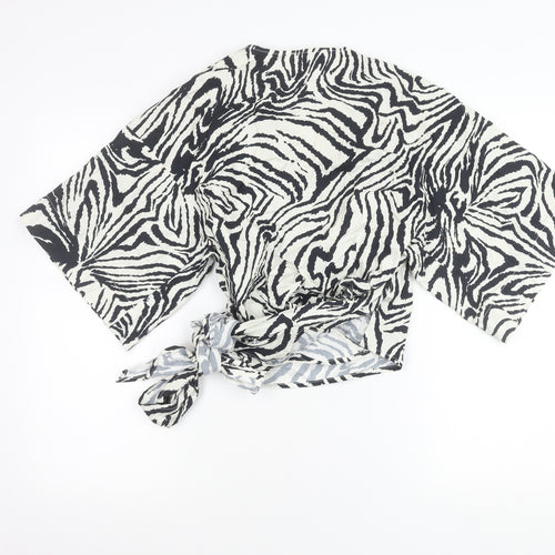 Topshop Women’s Black Animal Print Wrap Cotton Kimono Sleeve Blouse UK 10