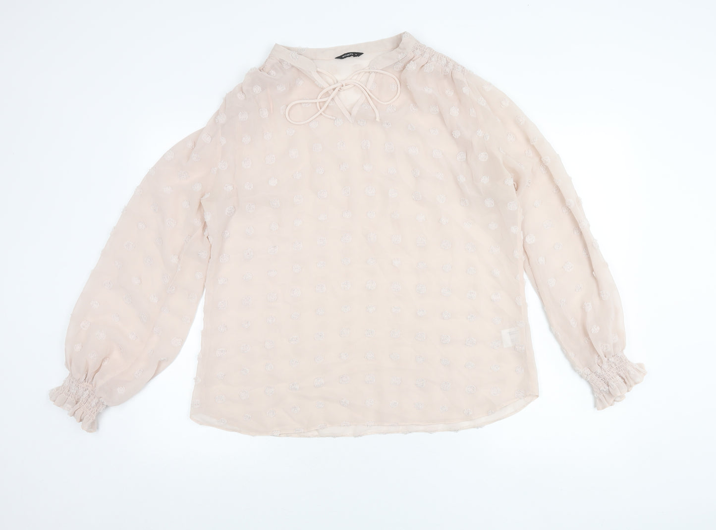 Roman Women Beige Polka Dot Tunic Blouse Size 16 Long Sleeve Sheer