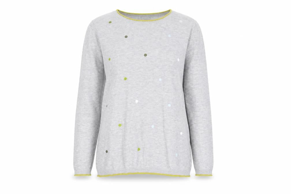 Front view of E-vie women’s grey polka dot crew neck jumper, size M