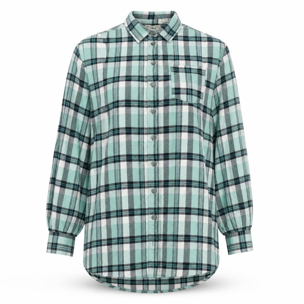 Front view of Brave Soul women’s plaid flannel button-up shirt, size M, multicoloured