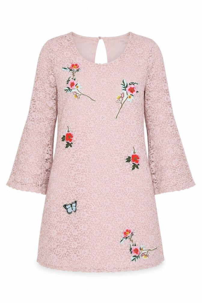 Yumi Women Pink Lace Embroidered Shift Dress UK 12 Wedding Party