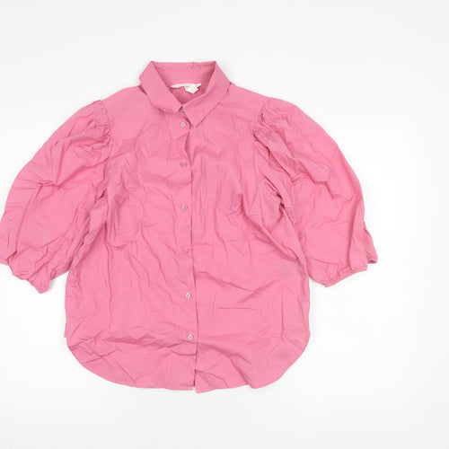 H&M Women’s Pink Button-Up Puff Sleeve Shirt Size S Cotton