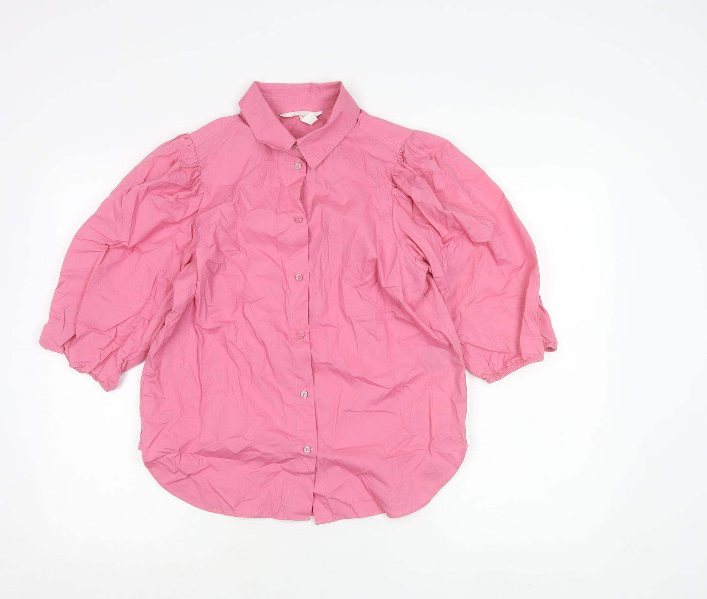H&M Women’s Pink Button-Up Puff Sleeve Shirt Size S Cotton