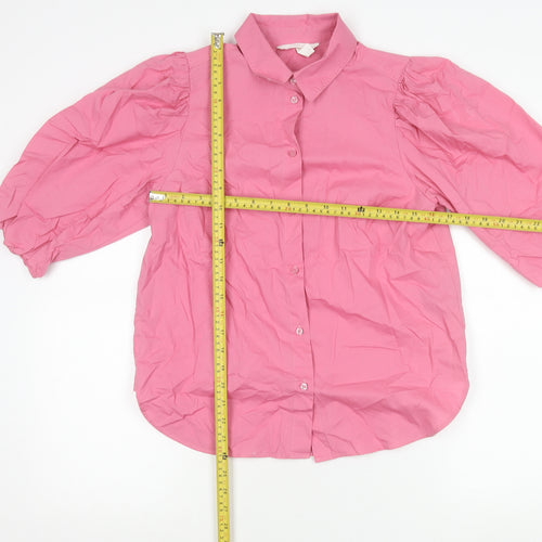 H&M Women’s Pink Button-Up Puff Sleeve Shirt Size S Cotton