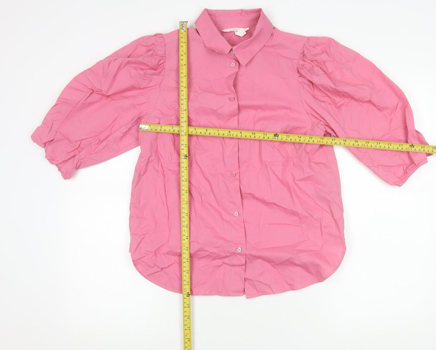 H&M Women’s Pink Button-Up Puff Sleeve Shirt Size S Cotton