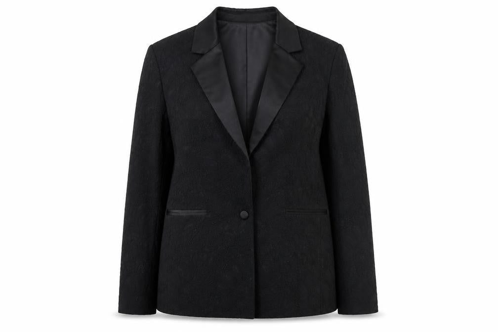 Front view of Tu Women Black, size 8, Tuxedo Blazer Jacket Shawl Lapel