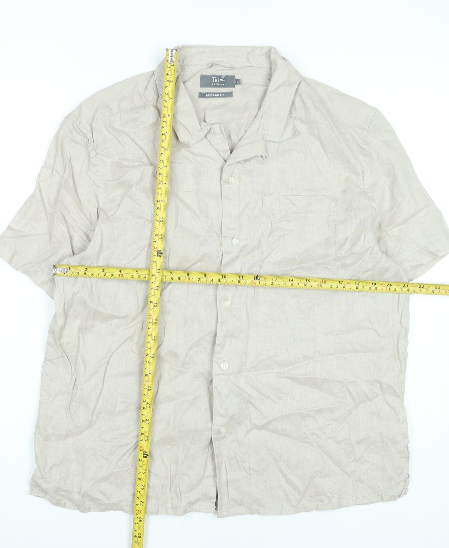 Tu Men’s Beige Linen Short Sleeve Button-Up Shirt L 42-44in