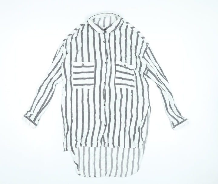 MNG Women’s White Striped Button-Up Tunic Shirt Size 8