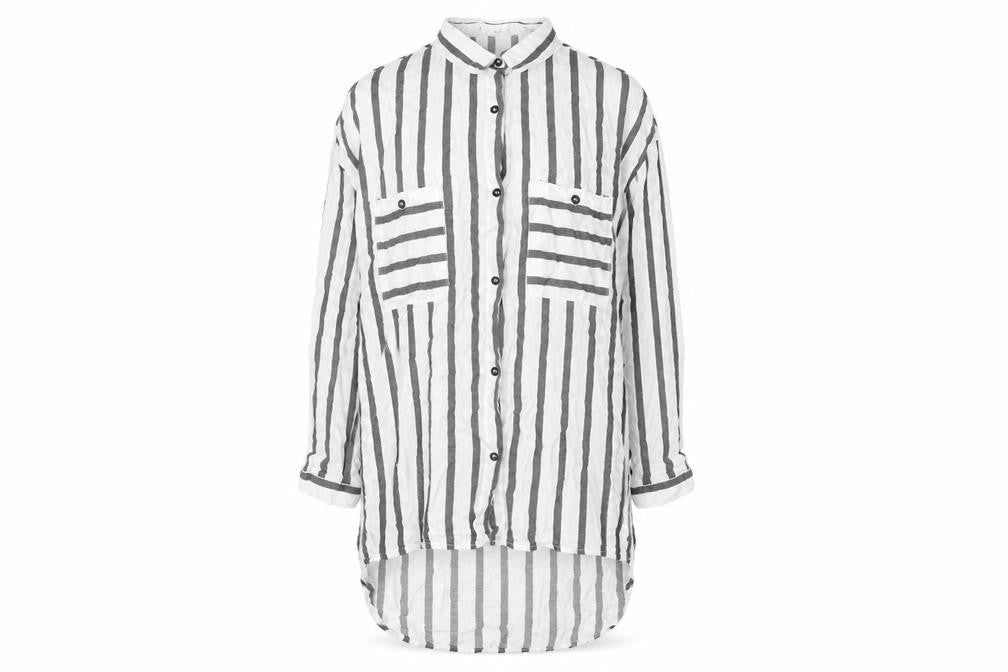 Front view of Mango Women’s White Striped Button-Up Tunic Shirt, size UK 8
