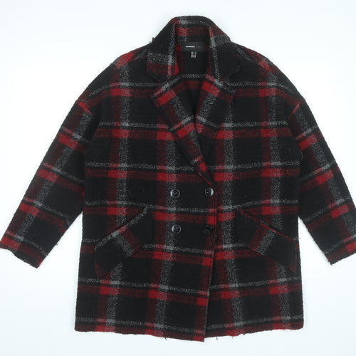 Mango Womens Black Red Plaid Wool Blend Pea Coat Size 8
