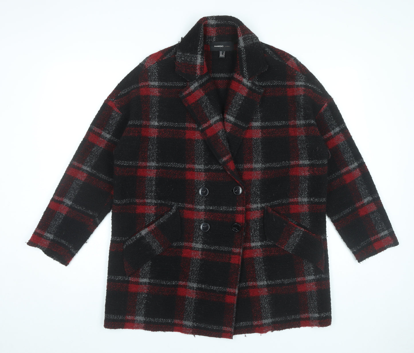 Mango Womens Black Red Plaid Wool Blend Pea Coat Size 8