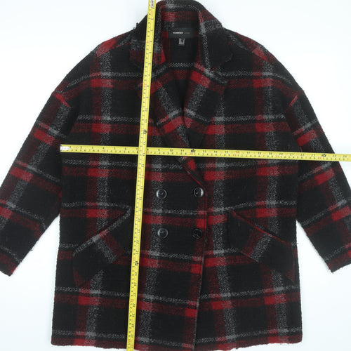 Mango Womens Black Red Plaid Wool Blend Pea Coat Size 8
