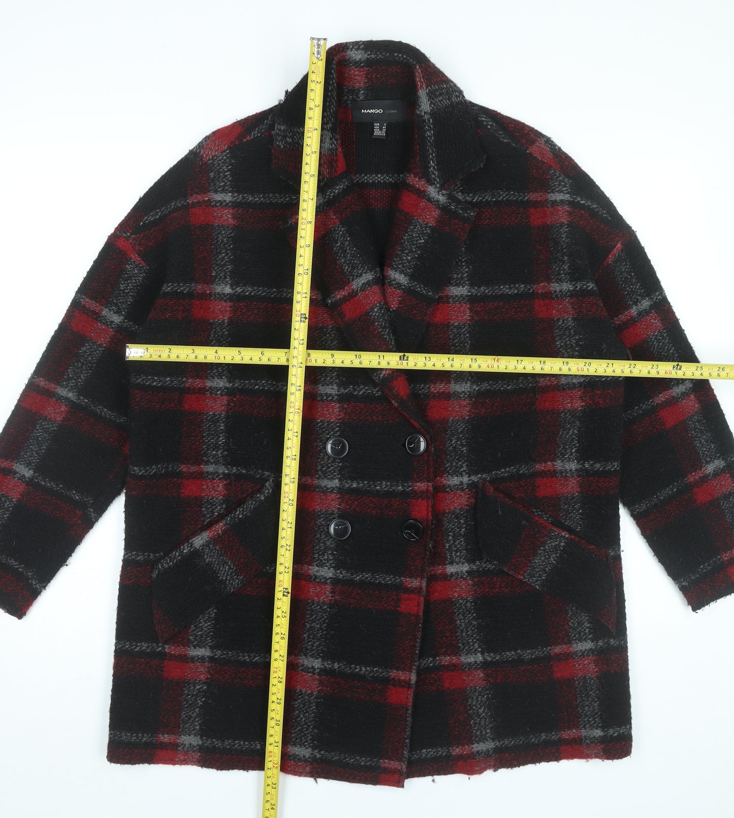 Mango Womens Black Red Plaid Wool Blend Pea Coat Size 8