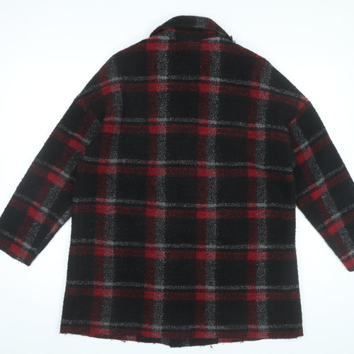 Mango Womens Black Red Plaid Wool Blend Pea Coat Size 8