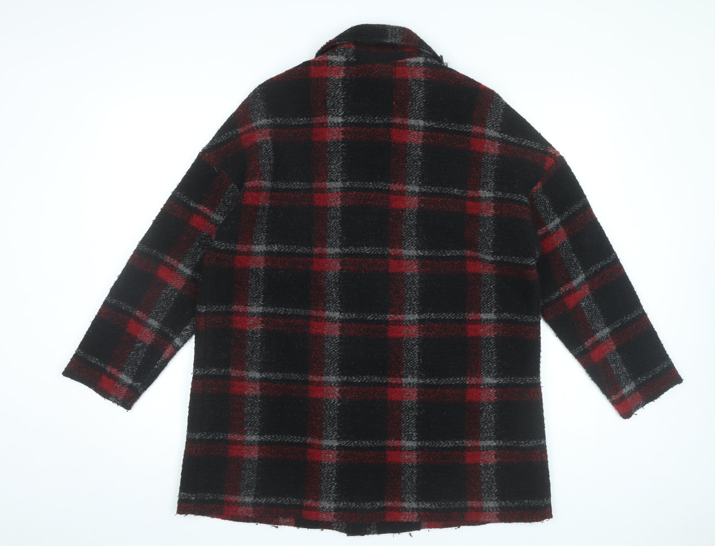 Mango Womens Black Red Plaid Wool Blend Pea Coat Size 8