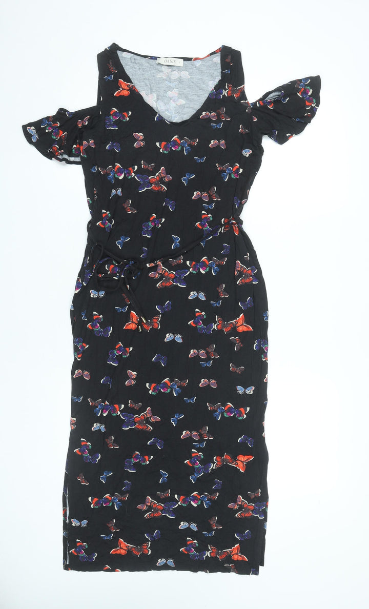 Oasis Women’s Black Butterfly Cold Shoulder Knee Length Sheath Dress Size S