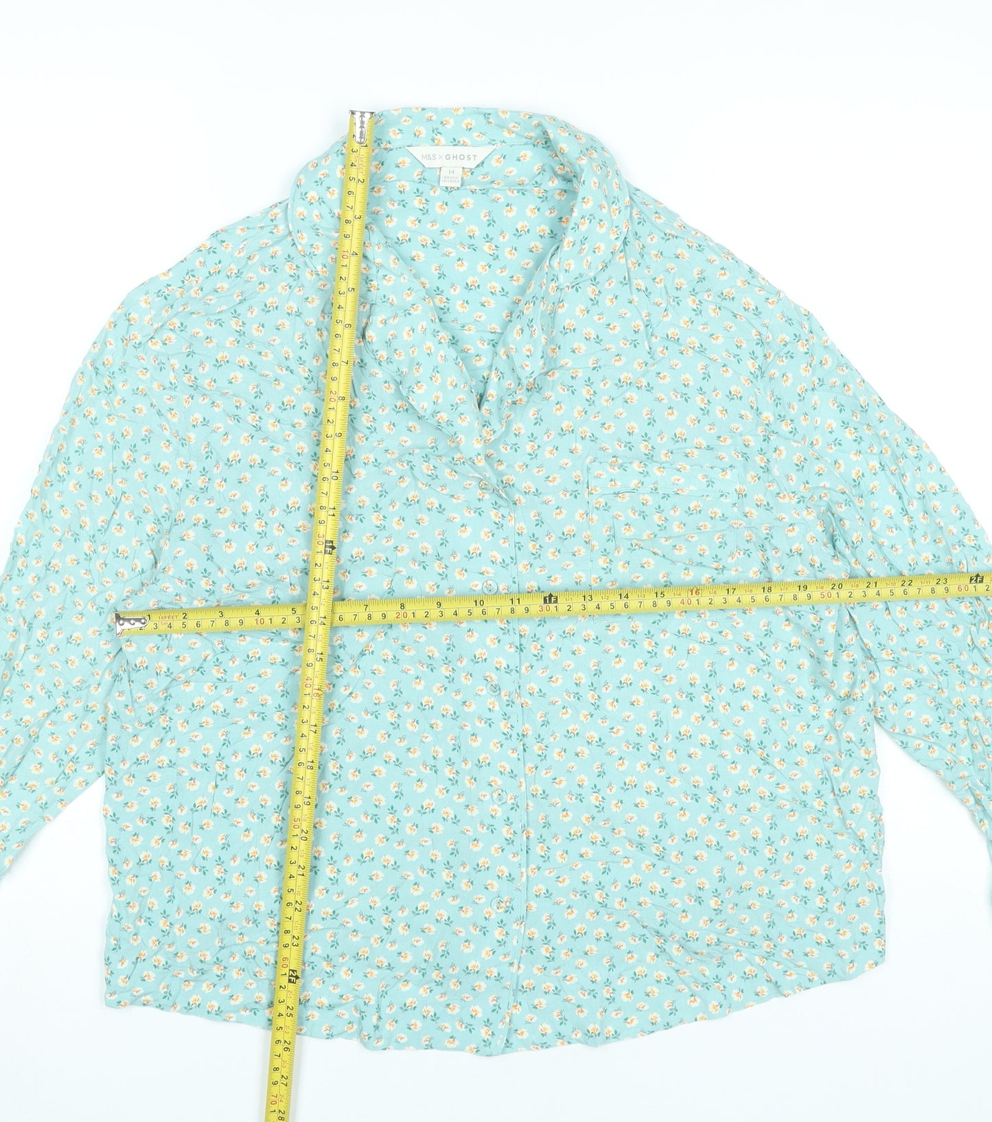 Marks and Spencer Women Blue Floral Pyjama Shirt Top Size 14